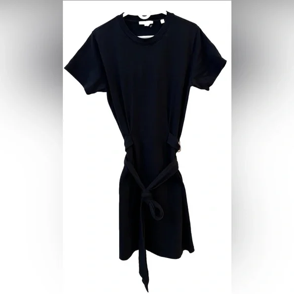 Vince Short Sleeve Cinched Tie Waist T-Shirt Dress Sz Medium Black Knee Length - Picture 1 of 7